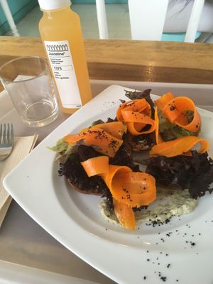 carrot “salmon” with a ginger pressed juice at Great Bistro in Budapest