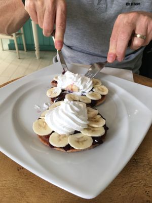 Blueberry pancakes with extra banana. Beautiful   at Great Bistro in Budapest