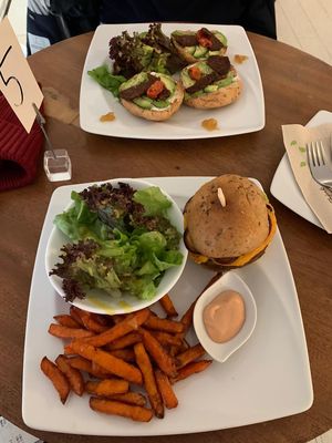 The burger with sweet potato fries  at Great Bistro in Budapest