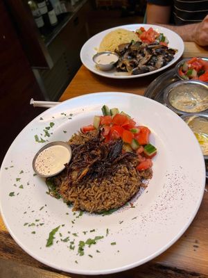The Mujaddara (front) and the Vegan Shawarma (back). at Ziatun in Beacon