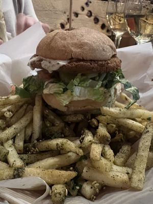 Falafel Burger with Za'atar Fries.  at Ziatun in Beacon