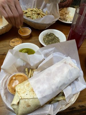 Falafel wrap, fries, vegan dip, and rose lemonade    at Ziatun in Beacon