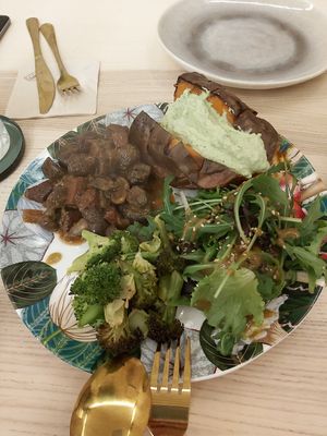 Mushrooms,  sweet potato and salad at O Xexexe in Costa Da Caparica