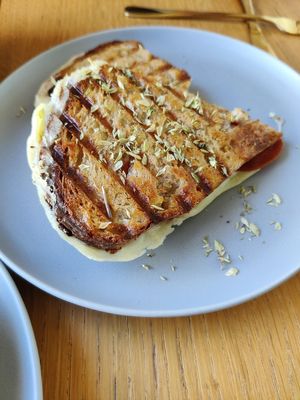 Homemade toast with cheese and a meat substitute #Veganuary at O Xexexe in Costa Da Caparica
