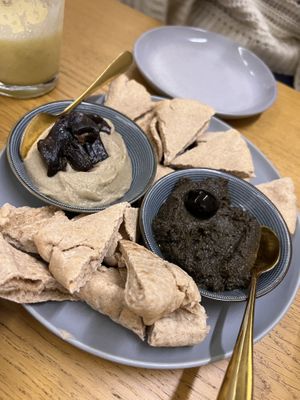 Mushroom dip and olive dip with pita bread  at O Xexexe in Costa Da Caparica