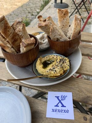 Hummus and artichaut paté   at O Xexexe in Costa Da Caparica