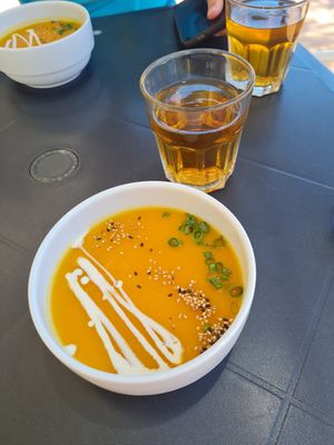Mint tea and cream of lentil soup at Alfarroba Cafe in Albufeira