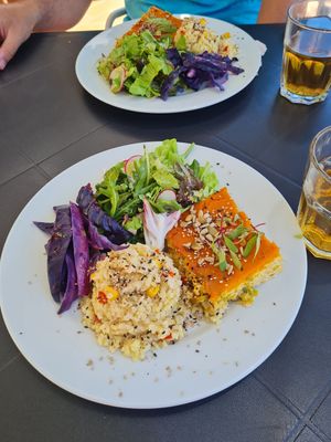 Scrambled tofu with carrot puree and bulgur wheat, yum!! at Alfarroba Cafe in Albufeira