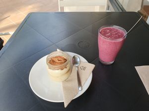 Tiramisu dessert and a smoothie at Alfarroba Cafe in Albufeira