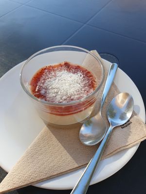 Coconut and jam pudding at Alfarroba Cafe in Albufeira
