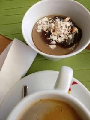 Hazelnut and chocolate mousse with fantastic organic coffee. at Alfarroba Cafe in Albufeira