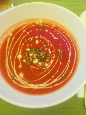 Soup that makes you feel as wonderful as its looks. at Alfarroba Cafe in Albufeira