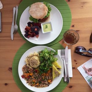 Quinoa burger and main dish at Alfarroba Cafe in Albufeira