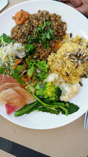 dish of the day, with the most amazing couscous and vegetables with incredible taste at Alfarroba Cafe in Albufeira