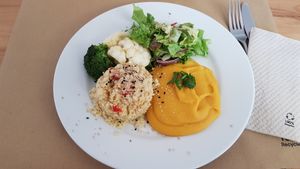 Plate of the day, squash and lentil puree with bulgur and veggies at Alfarroba Cafe in Albufeira
