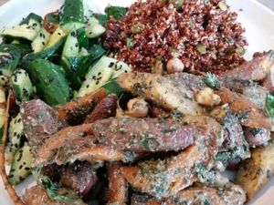 3 item plate. smashed cucumber, quinoa, root veggies at Erven in Santa Monica