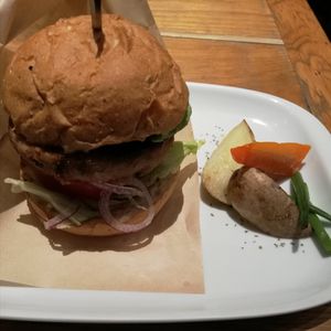 Vegan burger with sad side dish, JPY 1900 ish at Mr. Farmer - Shinjuku in Tokyo