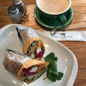 Quinoa tabbouleh tofu avocado wrap and soy latte  at Mr. Farmer - Shinjuku in Tokyo