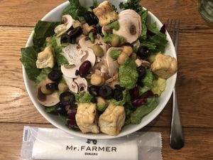 custom salad (mushroom, grilled tofu, mix beans, olive with basil source) at Mr. Farmer - Shinjuku in Tokyo