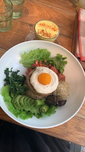 Vegan Loco Moco with coconut tumeric latte  at Mr. Farmer - Shinjuku in Tokyo
