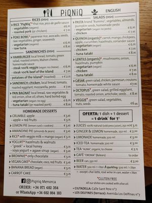 Piqniq menú in English at PiqNiq in Menorca