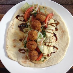 Falafael, Hummus, homemade flat bread, balsamic, salad all 100%vegan at The Veg G Table Cafe in Siem Reap