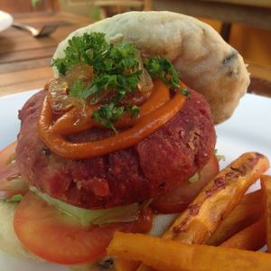 Burger comes with sweet potato fries at The Veg G Table Cafe in Siem Reap