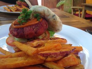 Huge portions - burger only $5.50 at The Veg G Table Cafe in Siem Reap