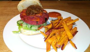 Beetroot Veggie Burger with Sweet Potato Chips at The Veg G Table Cafe in Siem Reap