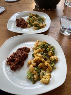 BBQ jack fruit and vegan GF Mac and cheese with broccoli.  We split a lot of the meals into two lunches!  This is one meal split.  at Sprinly in Cleveland
