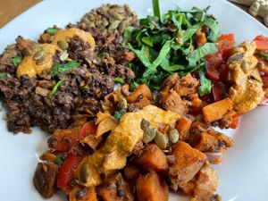 Vegan chorizo (walnuts, mushrooms, lentils) with sweet potato and veggies at Sprinly in Cleveland