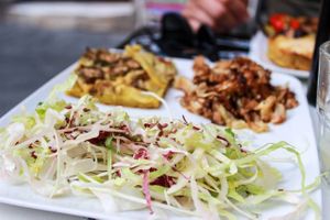 chickpea omelette, ginger cabbage and salad at Rosetta  in Genoa