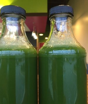 GardenBliss -- Celery, Cucumber, Romaine Lettuce, Kale, Spinach, Parsley, Apple, Ginger and Lemon  
This is one of our balanced green juices with herbs.   This juice is truly a neutralizer, detoxifier, improves blood oxygen intake and energy booster.  at Flavor Juicery in Alpharetta