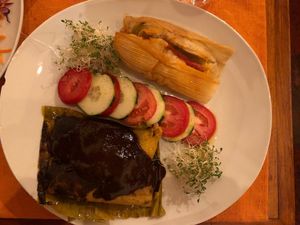 Tamales de mole y frijol at Le Campane in Oaxaca