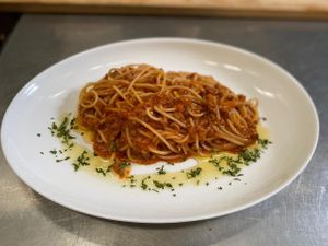 Vegan spaghetti with soy bolognese at Le Campane in Oaxaca