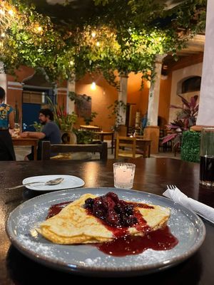 Vegan crepe with red fruits sauce at Le Campane in Oaxaca