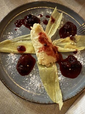 Vegan sweet tamale with berriess  at Le Campane in Oaxaca