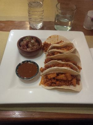Tacos de adobada de soya con piña.  at Le Campane in Oaxaca