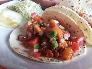 Soy mince and pineapple tacos, with homemade fresh salsa and spicy sauce. Totally awesome at Le Campane in Oaxaca