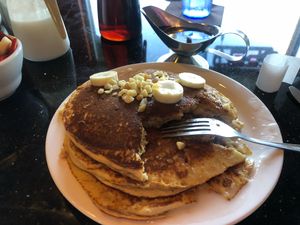 Vegan banana, macadamia nut pancakes   at Slappy Cakes in Lahaina