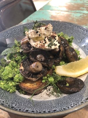 Peas and Schrooms - delicious!  at Flock Espresso and Eats in Lismore