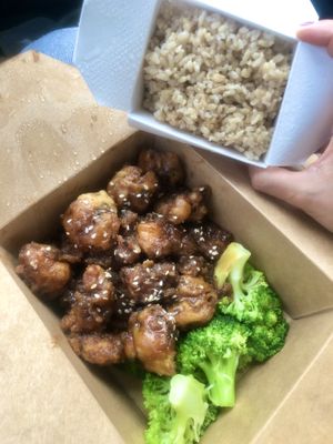 Sesame chicken (1/2 mushrooms 1/2 soy) w/ brown rice at Veggie Village in Phoenix
