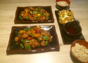 Kung pao vchicken & vegan cream cheese wontons at Veggie Village in Phoenix