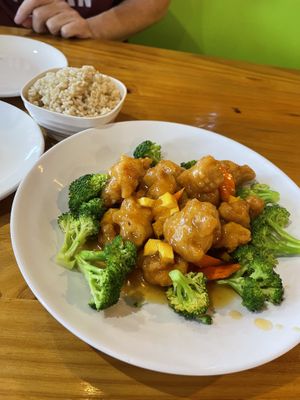 Orange chicken (comes with white or brown rice)  at Veggie Village in Phoenix