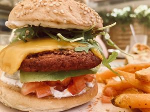 Beetroot, chickpea, mushroom burger  at Cocos Deli in Mallorca