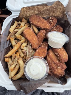 Chick’n tenders, fries, and roasted garlic aioli   at The Townehouse Tavern in Sudbury