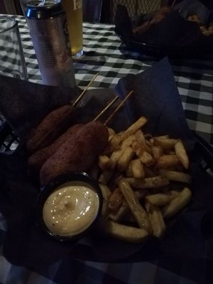 Vegan corn dogs and fries at The Townehouse Tavern in Sudbury