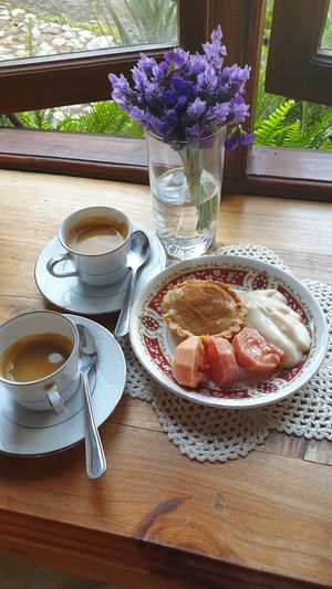 Sunday desserts: Vegan and Gluten Free custard with Organic Guavas from their own trees.
Double espresso to finish it off! at Bocca Dolce in Western Cape