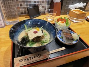 Musashi Set, contains the Musashi somen, Eggplant sushi, Potato salad and a pudding dessert   at Vegan Ramen Towzen in Kyoto