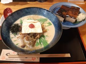 Their signature soy milk vegan ramen and eggplant sushi at Vegan Ramen Towzen in Kyoto